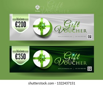 Collection of discount voucher template with ribbons bow, gift box and promo code. Detailed and realistic Vector illustration.