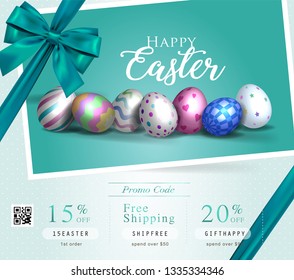 Collection of discount voucher template with ribbons bow, Easter eggs and promo QR code. Detailed and realistic Vector illustration.