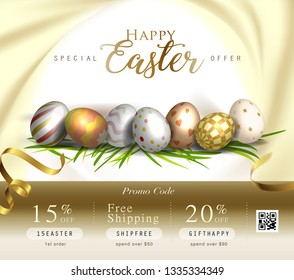 Collection of discount voucher template with ribbons bow, Easter eggs and promo QR code. Detailed and realistic Vector illustration.