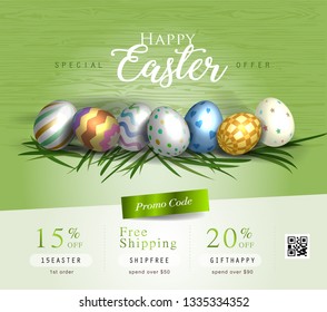 Collection of discount voucher template with ribbons bow, Easter eggs and promo QR code. Detailed and realistic Vector illustration.