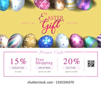Collection of discount voucher template with ribbons bow, Easter eggs and promo QR code. Detailed and realistic Vector illustration.