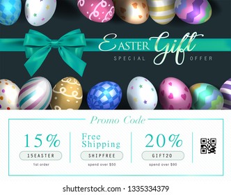 Collection of discount voucher template with ribbons bow, Easter eggs and promo QR code. Detailed and realistic Vector illustration.