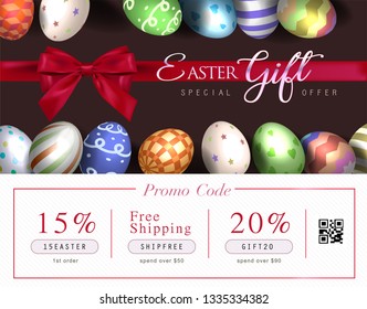 Collection of discount voucher template with ribbons bow, Easter eggs and promo QR code. Detailed and realistic Vector illustration.
