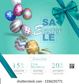 Collection of discount voucher template with ribbons bow, Easter eggs and promo QR code. Detailed and realistic Vector illustration.