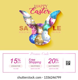 Collection of discount voucher template with ribbons bow, Easter eggs and promo QR code. Detailed and realistic Vector illustration.