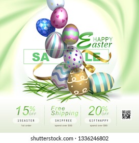 Collection of discount voucher template with ribbons bow, Easter eggs and promo QR code. Detailed and realistic Vector illustration.