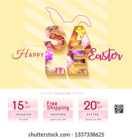 Collection of discount voucher template with ribbons bow, Easter eggs and promo QR code. Detailed and realistic Vector illustration.