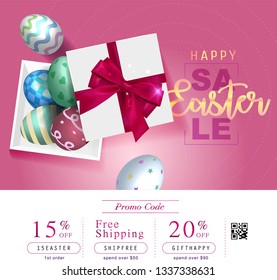 Collection of discount voucher template with ribbons bow, Easter eggs and promo QR code. Detailed and realistic Vector illustration.