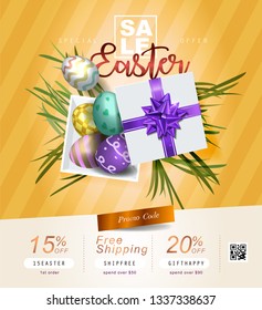 Collection of discount voucher template with ribbons bow, Easter eggs and promo QR code. Detailed and realistic Vector illustration.