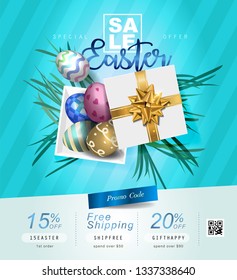 Collection of discount voucher template with ribbons bow, Easter eggs and promo QR code. Detailed and realistic Vector illustration.