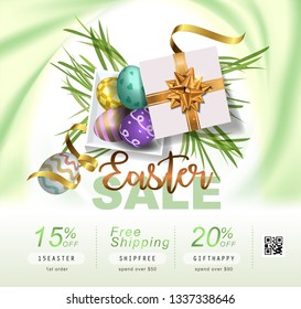 Collection of discount voucher template with ribbons bow, Easter eggs and promo QR code. Detailed and realistic Vector illustration.