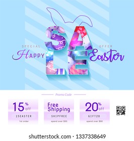 Collection of discount voucher template with ribbons bow, Easter eggs and promo QR code. Detailed and realistic Vector illustration.