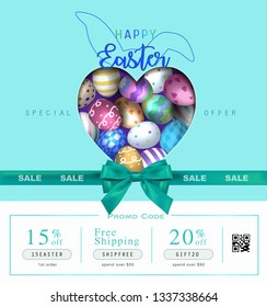 Collection of discount voucher template with ribbons bow, Easter eggs and promo QR code. Detailed and realistic Vector illustration.
