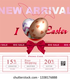 Collection of discount voucher template with ribbons bow, Easter eggs and promo QR code. Detailed and realistic Vector illustration.