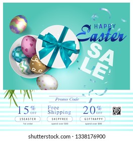 Collection of discount voucher template with ribbons bow, Easter eggs and promo QR code. Detailed and realistic Vector illustration.