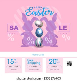 Collection of discount voucher template with ribbons bow, Easter eggs and promo QR code. Detailed and realistic Vector illustration.