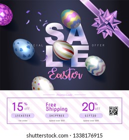 Collection of discount voucher template with ribbons bow, Easter eggs and promo QR code. Detailed and realistic Vector illustration.