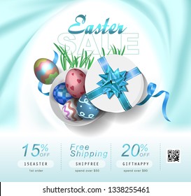 Collection of discount voucher template with ribbons bow, Easter eggs and promo QR code. Detailed and realistic Vector illustration.