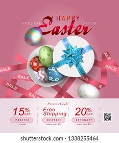 Collection of discount voucher template with ribbons bow, Easter eggs and promo QR code. Detailed and realistic Vector illustration.