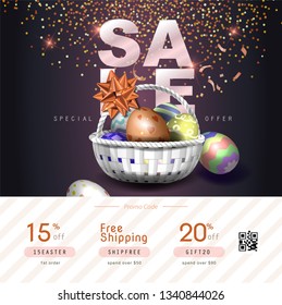 Collection of discount voucher template with ribbons bow, Easter eggs and promo QR code. Detailed and realistic Vector illustration.