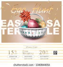 Collection of discount voucher template with ribbons bow, Easter eggs and promo QR code. Detailed and realistic Vector illustration.