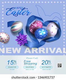 Collection of discount voucher template with ribbons bow, Easter eggs and promo QR code. Detailed and realistic Vector illustration.