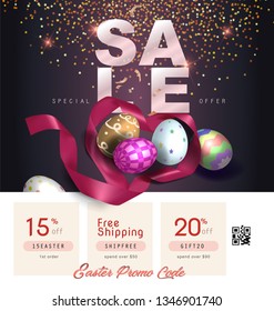 Collection of discount voucher template with ribbons bow, Easter eggs and promo QR code. Detailed and realistic Vector illustration.