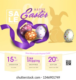 Collection of discount voucher template with ribbons bow, Easter eggs and promo QR code. Detailed and realistic Vector illustration.