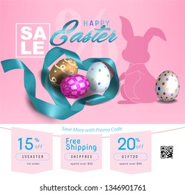 Collection of discount voucher template with ribbons bow, Easter eggs and promo QR code. Detailed and realistic Vector illustration.