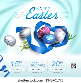 Collection of discount voucher template with ribbons bow, Easter eggs and promo QR code. Detailed and realistic Vector illustration.