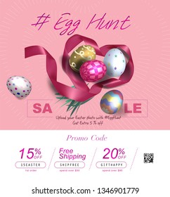 Collection of discount voucher template with ribbons bow, Easter eggs and promo QR code. Detailed and realistic Vector illustration.