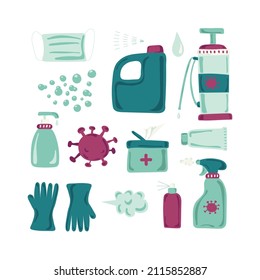 Collection of disinfection sprays, tools and items. Disinfection. Color images of disinfecting items. All images are separated . Vector illustration