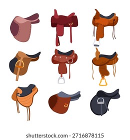 Colección que muestra varios tipos de sillas de montar a caballo en diferentes colores y diseños, ilustrando el diverso equipo utilizado para montar a caballo y deportes ecuestres