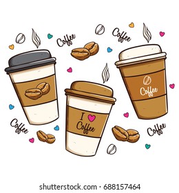 collection of disposable coffee cups with cute decoration
