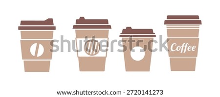 Collection of disposable coffee cups. A variety of paper cup types. Simple vector flat icons on a white backdrop.