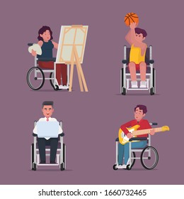 collection of dissaled people doing activity painting sports playing guitar with wheelchair