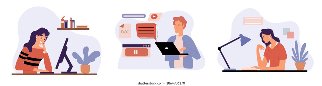 Collection of distance education and e-learning. Womens with laptop study remotely and do homework. Cartoon character flat vector illustration.