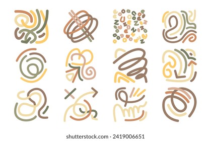 collection of distinct abstract designs made of intertwined lines. Each design is created using a combination of colors including brown, green, orange, and yellow