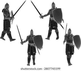Collection of distinct dynamic action poses of a valiant combat knight soldier fully geared in protective knightly armor holding a heavy sword and steel shield