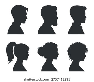 Collection of distinct facial profiles showcasing varied hairstyles and gender representation. Useful for representing diversity and identity concepts in marketing.