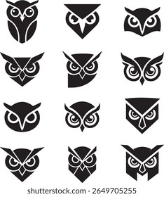 A collection of distinct flat black vector owl head designs
