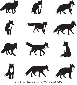 Collection of distinct fox poses in a clean silhouette style