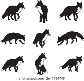 Collection of distinct fox poses in a clean silhouette style