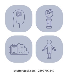 Collection of distinct robotic icons representing artificial intelligence, robotic hand, cloud computing, and humanoid robot. Innovative tech concept