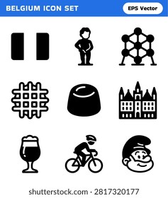 A collection of distinct silhouette icons representing famous Belgian landmarks, food, and cultural elements, perfect for travel and informational content.