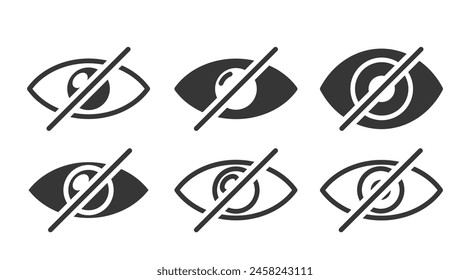 Colección De Iconos De Ojos De Vector Distintos Con Una Línea Diagonal A Través De Él, Que Representan Temas De Restricción, Evitación