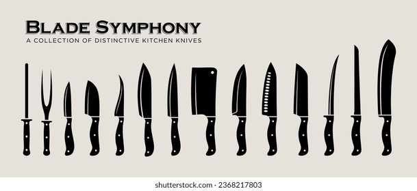 A Collection of Distinctive Kitchen Knives. Set of eye-catching Knife Silhouettes.