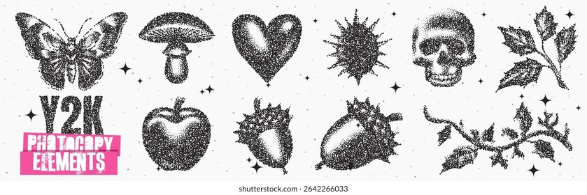 A collection of distinctive Y2K-inspired graphic elements showcases butterflies, mushrooms, hearts, skulls, and nature motifs, perfect for trendy design projects and illustrations.