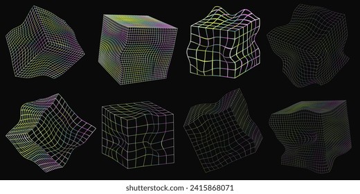 Colección de cubos de alambre distorsionados de diferentes lados. Objetos 3D geométricos abstractos vectoriales. Conexión de red de bloques de tecnología. Gran visualización de datos. Color del degradado de unicornio.