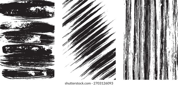 Una colección de texturas de trazo de pincel negro afligido que incluyen patrones Horizontales, diagonales y de Vertical, ideales para el Diseño gráfico.